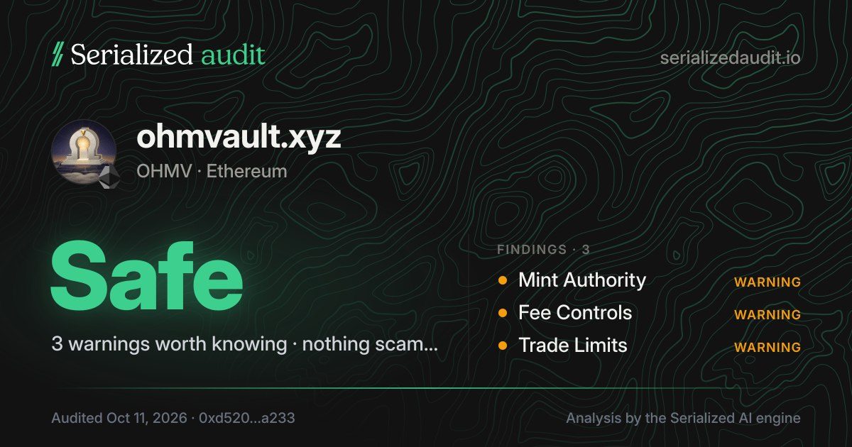 Serialized audit card for ohmvault.xyz: Safe, 3 warnings worth knowing, nothing scam-level. Findings: Mint Authority, Fee Controls, Trade Limits, each a warning. Audited Oct 11, 2026.