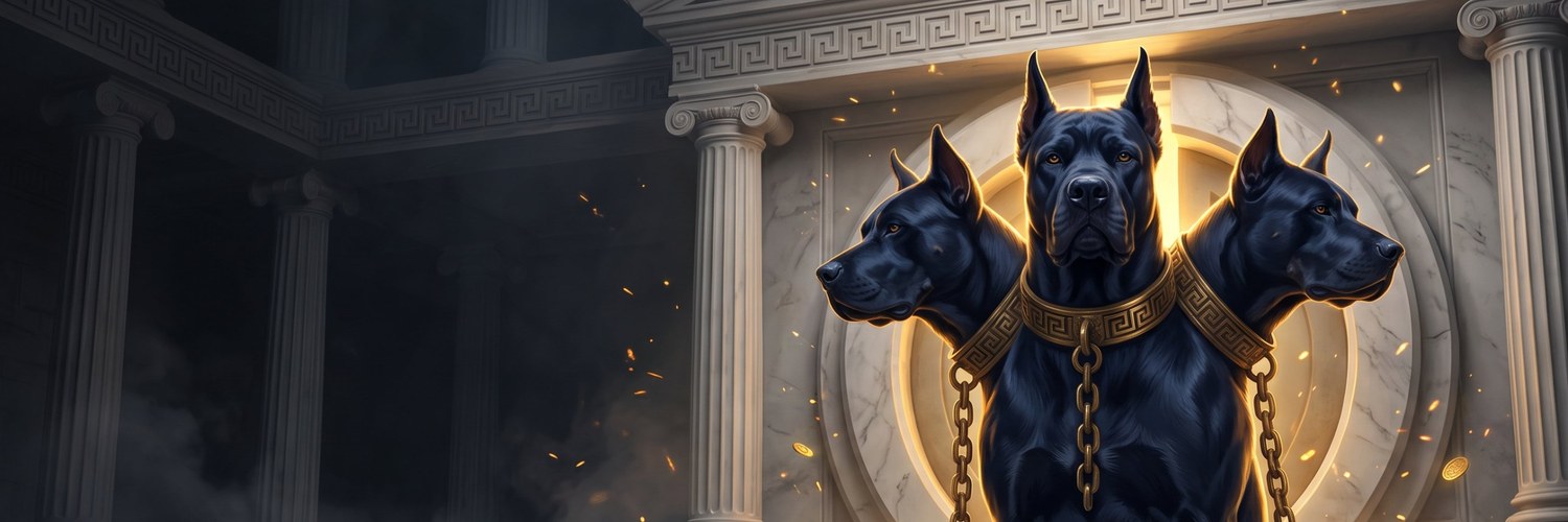 Cerberus, the three-headed hound in gold collars, guarding a marble Omega vault door